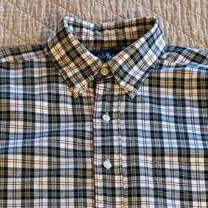 Ralph Lauren Button Down Shirt EUC Off-White Navy Plaid Cotton M Long Sleeves